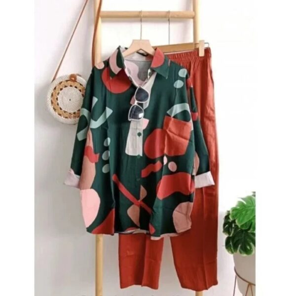 Two Pieces Women Shirt Pants Set Colorblock Single-breasted Lapel Long Sleeve Wide Leg Blouse Trousers Set Loose Tracksuit