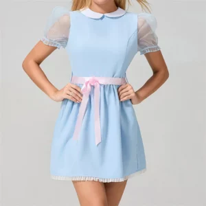 Women Sweet Doll Collar Mini Dress Preppy Style Mesh Short Sleeve Shirt Dress Bow Belt Lolita Sundress Cutecore 1