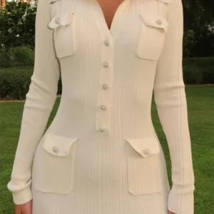 Elegant Party Dresses Woman Slim Lapel Button Pockets Long Dresses Office Lady Full Sleeve Ribbed Robes 1