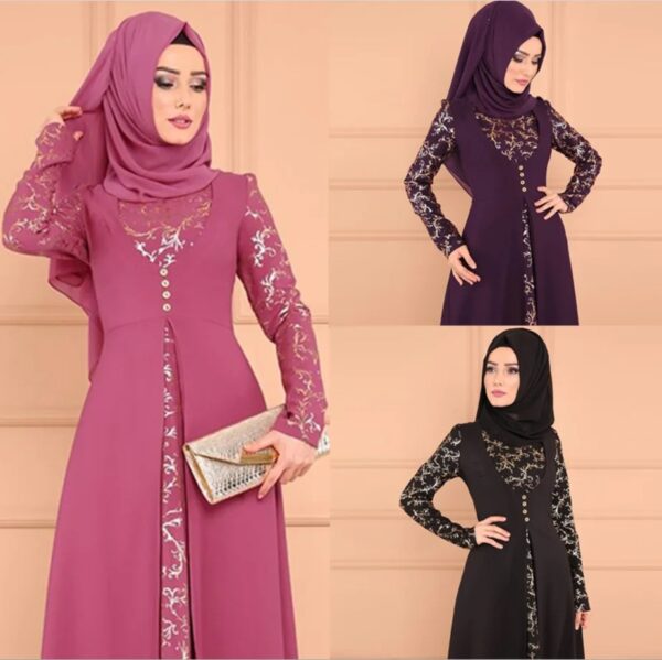 Summer Women'S Elegant Long Sleeved Patchwork Single Breasted Fake Two-Piece Long Dress Islamic Muslim Dress
