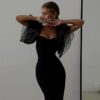 Mesh Butterfly Sleeve Sheath Bodycon Dress Women Square Neck Midi Robe Femme Solid Black Vestidos Mujer Lady Party Dresses