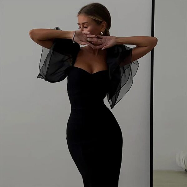 Mesh Butterfly Sleeve Sheath Bodycon Dress Women Square Neck Midi Robe Femme Solid Black Vestidos Mujer Lady Party Dresses
