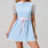 Women Sweet Doll Collar Mini Dress Preppy Style Mesh Short Sleeve Shirt Dress Bow Belt Lolita Sundress Cutecore