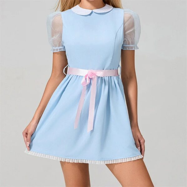 Women Sweet Doll Collar Mini Dress Preppy Style Mesh Short Sleeve Shirt Dress Bow Belt Lolita Sundress Cutecore