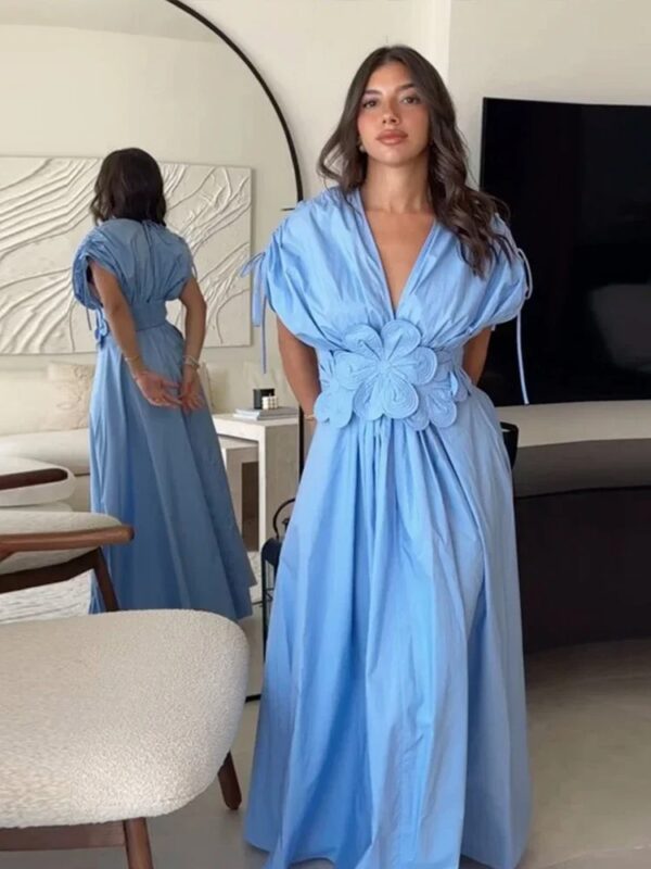 Flower Waistband Pleated Long Dress Women Fashion Short Puff Sleeved V Neck Robes Summer Elegant Female Wear Sundress