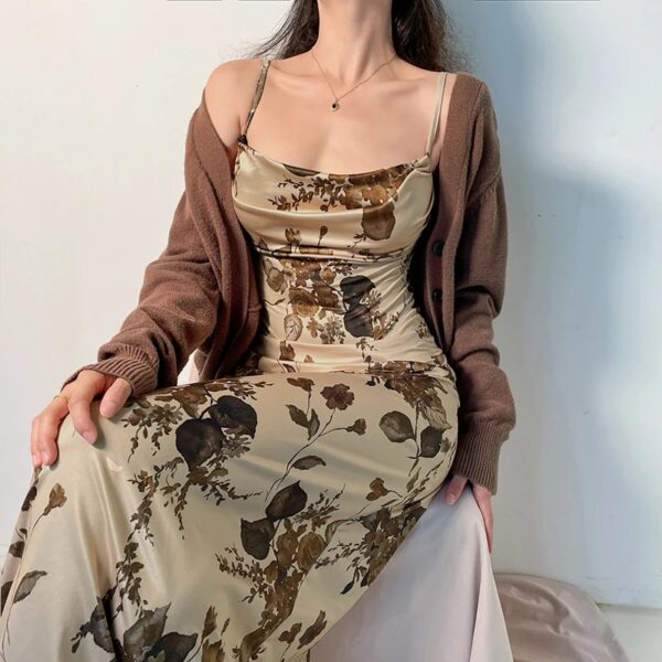 Dress Retro Floral Print Sleeveless Summer Party Long Dresses for Women Aesthetic Elegant Ladies