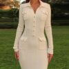 Elegant Party Dresses Woman Slim Lapel Button Pockets Long Dresses Office Lady Full Sleeve Ribbed Robes