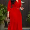 Neck Lace-up Belted Party Dresses Women Spring Pleated Dress Autumn Three Quarter Sleeves Office Lady Dress