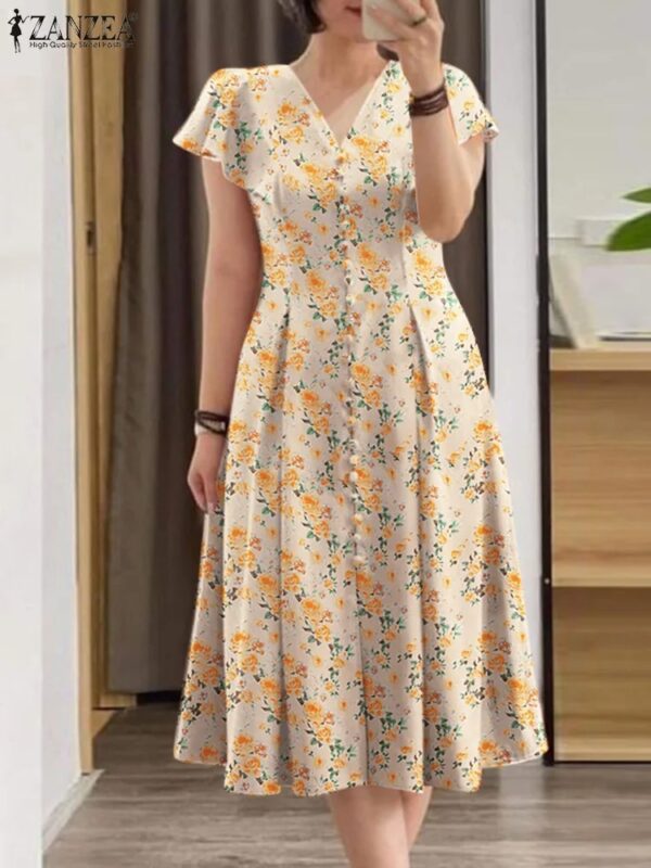 Elegant Floral Dress Women Summer Short Sleeve Party Sundress Robe Femme Causal Holiday Vestidos Bohemain Printed Dresses