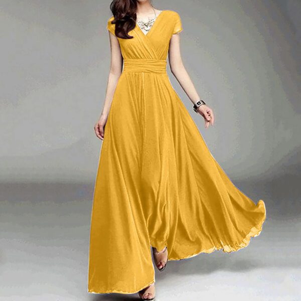 Women Elegant Dress V Neck Solid Color Short Sleeve Chiffon High Waist Closing Evening Breathable Soft Ankle Length Dress Gown