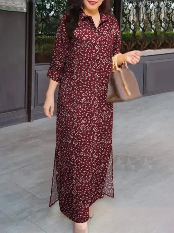 Women Fasihon Shirtdress Lapel Oversized Autumn Cotton Maxi Sundress Vintage Floral Print Sleeve Long Dresses