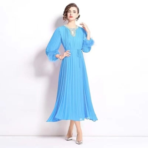Feather Diamonds Spliced Dresses For Women Long Sleeve Loose Elegant Luxury Dress Clothing