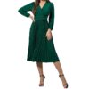 Women's Solid Color Dress Dark Green V-neck Casual Slim Pleated Knee Skirt Long Sleeve Summer And Autumn Standard