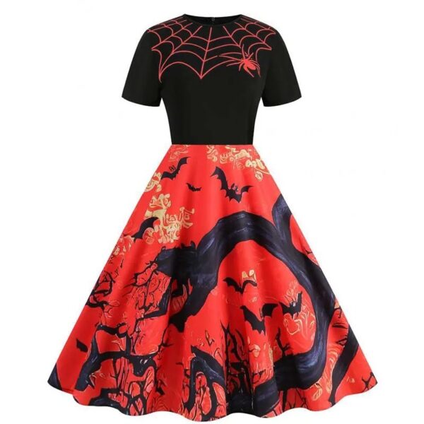 Women Halloween Dresses Short Sleeve Print Vintage All Hallows' Day Party Eve Dress