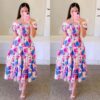 Elegant Women's Off Shoulder Midi Dress Summer Fashion dresses High Waist Flower Print Short Sleeve Dress Robe Clothing