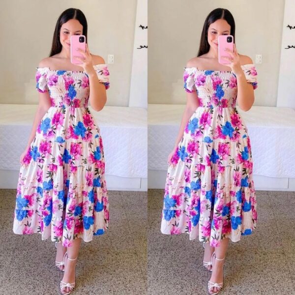 Elegant Women's Off Shoulder Midi Dress Summer Fashion dresses High Waist Flower Print Short Sleeve Dress Robe Clothing