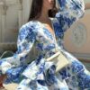 Elegant Printed Ruffled Layered Mini Dress Women V-neck Puff Sleeve Slim A-line Dresses  Lady Fashion Vacation Vestidos