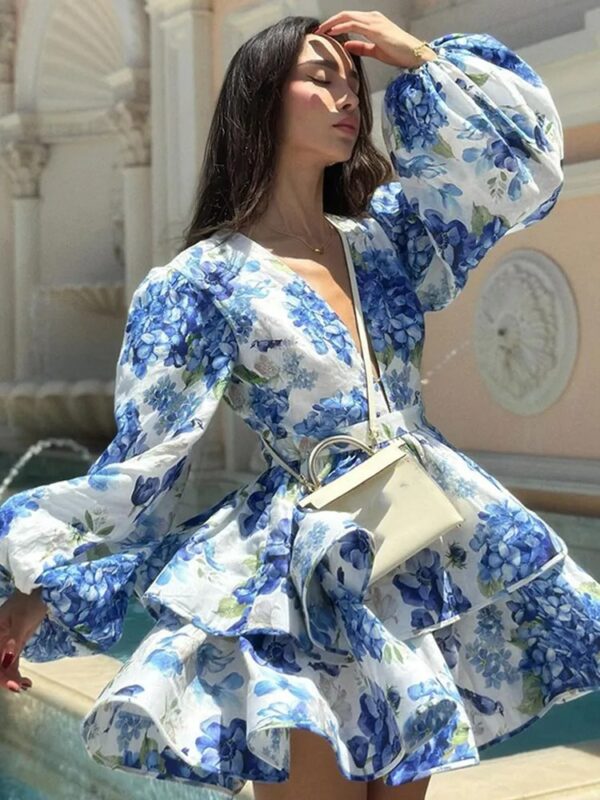 Elegant Printed Ruffled Layered Mini Dress Women V-neck Puff Sleeve Slim A-line Dresses  Lady Fashion Vacation Vestidos