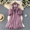 Women Evening Dress Three-dimensional Decoration Floral Mesh Stand Collar Lantern Sleeve Waist Up Ladies Dresses Summer
