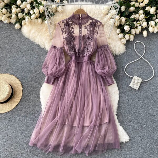 Women Evening Dress Three-dimensional Decoration Floral Mesh Stand Collar Lantern Sleeve Waist Up Ladies Dresses Summer