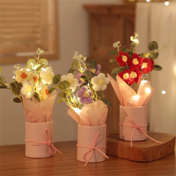Knitted Flowers Puff Bucket Bouquet Woolen Flowers DIY Hand Knitted Flowers for Valentine's Day Christmas Gifts