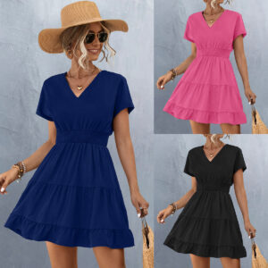 Summer Solid Color Dress For Women Fashion Rose Red V Neck Short Sleeve Ruffle Patchwork A-Line Dress