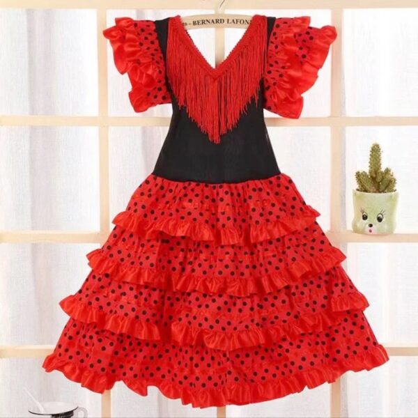 Dress Women Europe America Short Sleeve Midi Dress Traditional Spanish Dance Dress For Girls Festival Tassel Dot Dress