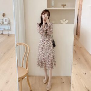 Elegant Short Sleeve Floral Dress Summer Women Sundress V Neck Holiday Vestidos Casual Knee Length Chiffon skirt Femme