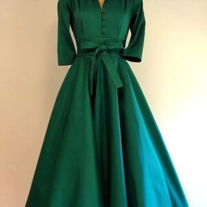 Daily Stand Collar Sleeve Button Knotted A-Line Midi Dress Casual Fashion Female Loose Sundress Lady