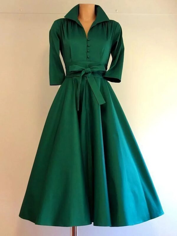 Daily Stand Collar Sleeve Button Knotted A-Line Midi Dress Casual Fashion Female Loose Sundress Lady