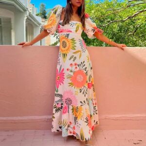 Fashion Splicing Pleated Print Women's Maxi Dress Summer Short-sleeve Square Neck Slim Party Women Holiday Oversized Dresses