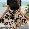 Fashion Women's Spring Summer Knitted And Chiffon Floral Patchwork Short Dress O-neck Lace-Up Elegant Vitage Woman Dress