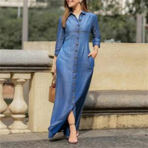 Autumn Elegant Women's Denim Dress Long Sleeve Buttons Shirt Long Dress Female Fashion New Elegant Casual Ladies Clothes