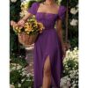 Women's Fashion Lace Up Simple Split Dress Temperament Commuting Female Clothes Women Elegant Puff Sleeves A-line Dresses