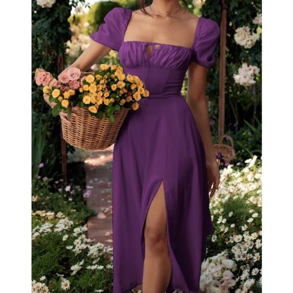 Women's Fashion Lace Up Simple Split Dress Temperament Commuting Female Clothes Women Elegant Puff Sleeves A-line Dresses