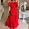 Summer Boho Red Dress Fashion Short Sleeve Beach Long Dress Casual Loose Elegant Holiday Party Dresses For Women Robe Femme