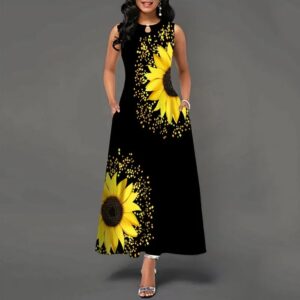 Flower Print Casual Sleeveless Long Dress Women's V-Neck Printed Dress Swing Bohemian Retro Dresses