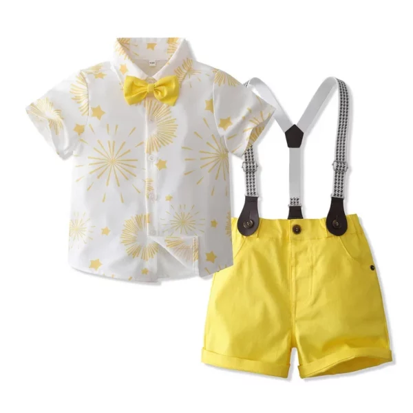 Boy Bow Gentleman Clothes Print Shirt + Yellow Shorts with Suspenders Kids Children Holiday Outfits Short Sleeve Sets