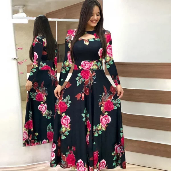 Women's Autumn Printed Long Sleeved Slim Fit Vestido Fashion Round Neck Flower Hollow Maxi Dresses