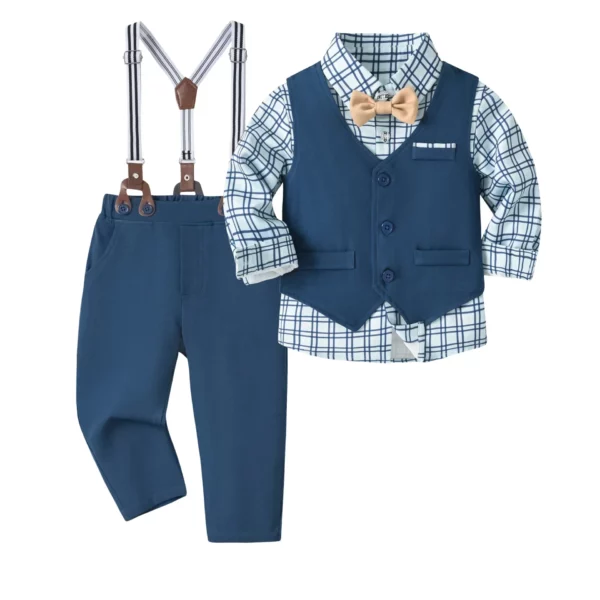 Vest Spring Boy Host Wedding Costume Kid Cotton Suit Plaid Shirt with Solid Pants Strap Outfit Party Clothes