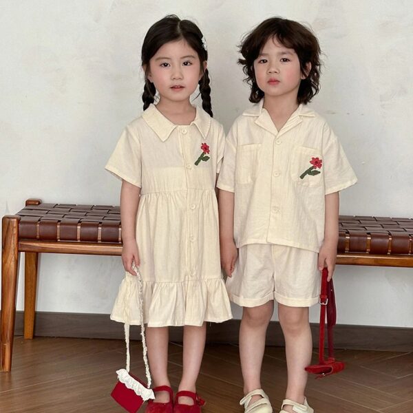 Children's Summer Shirt Set Casual Boys Flower Shirt Shorts Korean Style Cute Girls' Dress Siblings' Outfit Kid's Clothing