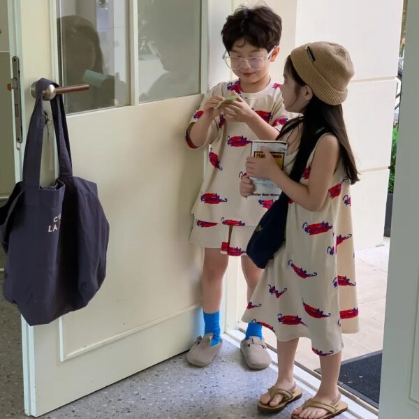 Brother and Sister Clothes Summer  Alphabet Graffiti Girl's Long T-shirt Dress Or Boy's Two Piece Suit