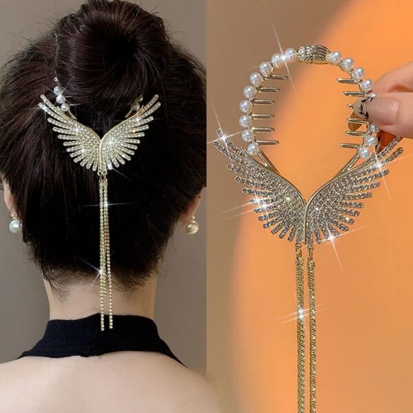 Angel Wings Pearl Rhinestone Tassel Pill Head Ponytail Buckle Hair Clip Female Hair Golden Fashion Accessories