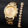 Fashion Women Stainless Steel Gold Color Quartz Watch & Diamond Bracelet
