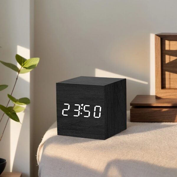 Wooden Digital Alarm Clock with Temperature Sound Controlled LED Bedside Clock Desktop Electronic Clock Art Ornament Home Decor