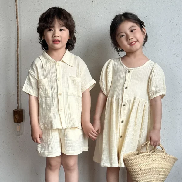 Children's Summer Clothing Set Boys' Short Sleeve Shirt Shorts Casual Suit Girls' Solid Color Dress Sister Brother Outfit