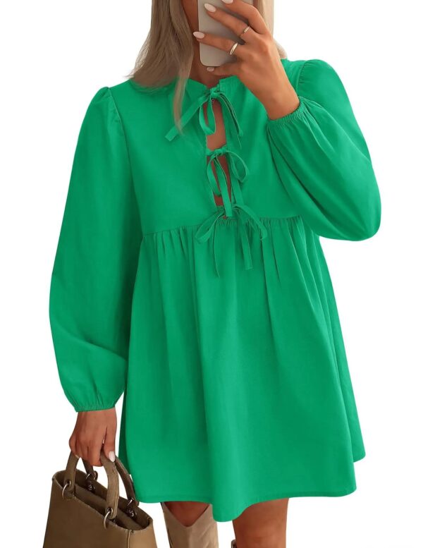 Elegant Women Shirt Dress Bow Hollow Out Long Sleeve Blue Dress Women Vacation Dresses Female Mini Dress Sweet Short Robe