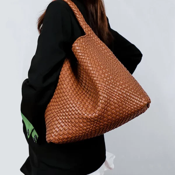 Women Bag Luxury PU Leather Handbag Lady Fashion Handmade Knitting Tote Female Hand-woven Basket Shoulder Bag with Purse