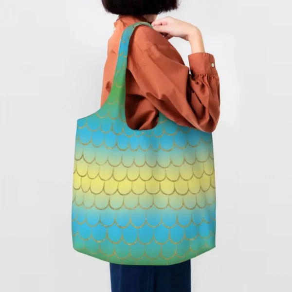 Rainbow Gold Glitter Mermaid Fish Scale Shopping Bag Women Shoulder Canvas Tote Bag Durable Grocery Shopper Bags