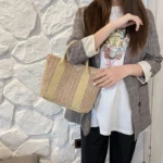 Summer Trend Straw Bags Popular Hit Color Handbags for Women Designer Luxury Zipper Color Matching Tote Bag